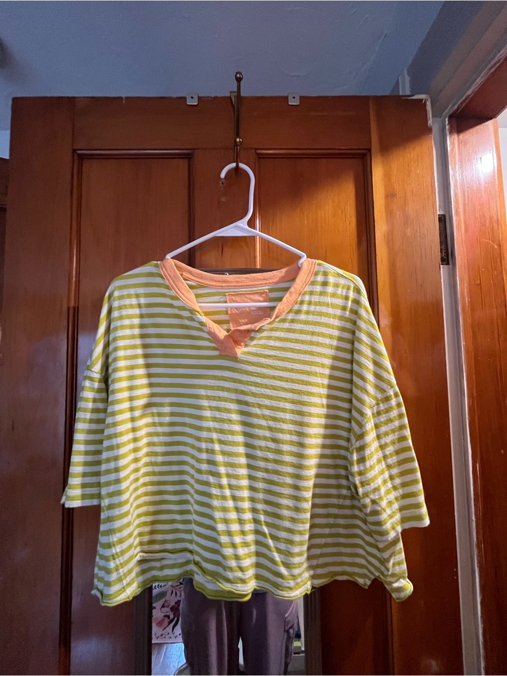 aerie Lime and White Striped Short-Sleeve Tee with Peach Trim